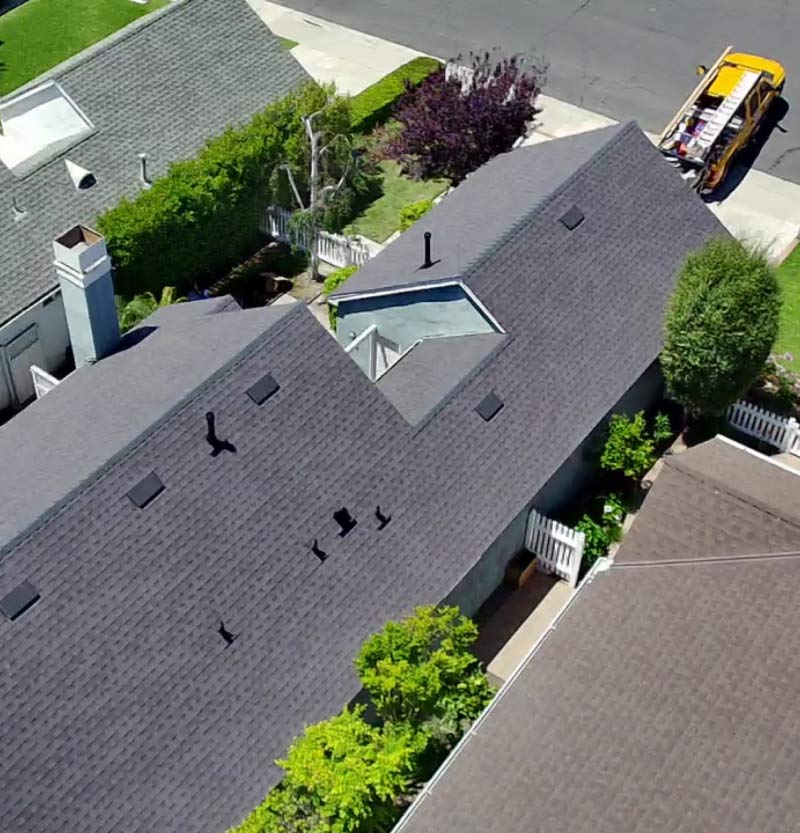 Aerial view of GAF Timberline HDZ Reflective shingles installed on a residential home in Mission Viejo, California