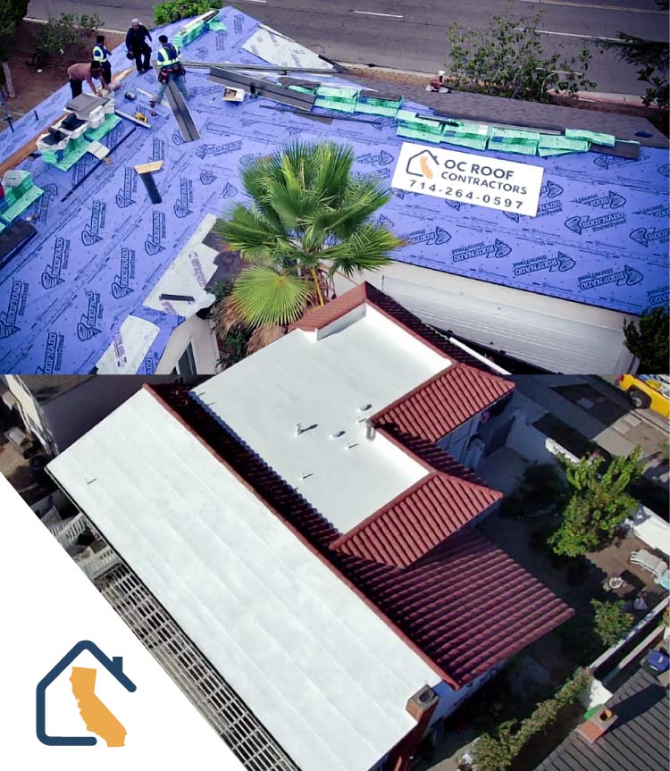 Collage of a roofing company in lakewood, OC Roof Contractors project — crew installing underlayment with company sign, alongside a finished tile and coated flat roof